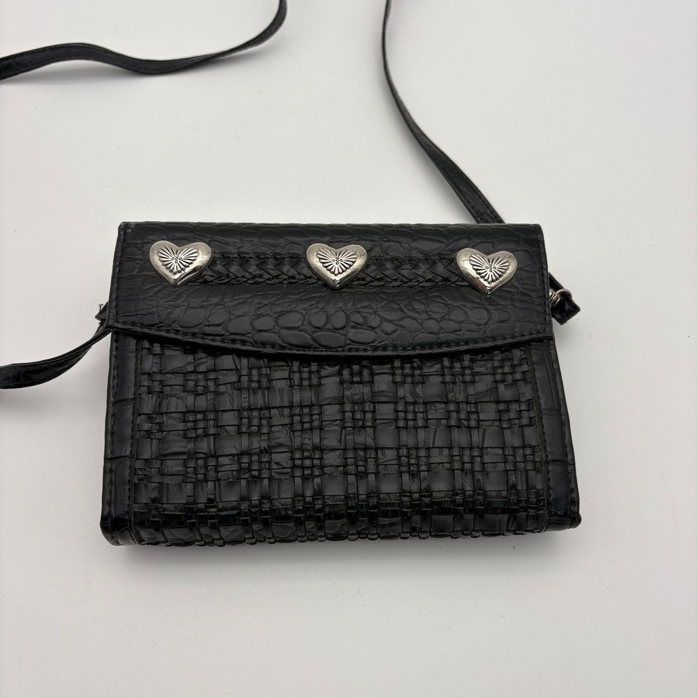 Vintage Western Heart Concho‎ Crossbody Organizer Bag Black Woven Croc Embossed